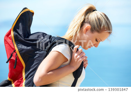Woman, parachute bag and adventure in outdoors, recreation and extreme sports for fun or equipment. Female person, travel and outside for health, holiday and vacation or getaway, active and nature 139301847