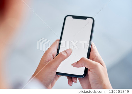 Business woman, phone and hands on mockup screen for communication, social media or networking at office. Closeup of female person or employee typing on mobile smartphone display for app at workplace Business woman, phone and hands on mockup screen for communication, social media or networking at office. Closeup of female person or employee typing on mobile smartphone display for app at workplace 139301849
