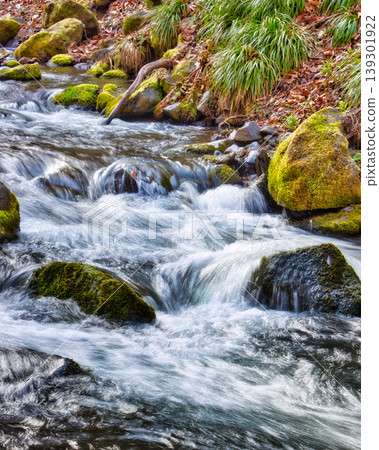 A dynamic landscape of a stream cascading down rocky cliffs and moss-covered rocks. 139301922