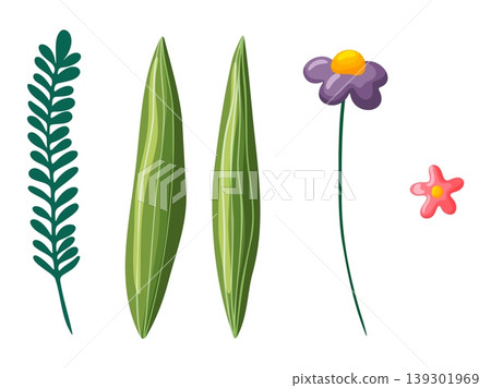 Green Leaves and Wildflowers Set Cartoon Clipart 139301969