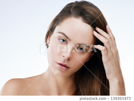 Hair care, woman or portrait and beauty in studio with mock up, collagen treatment or brazilian for shine. Person, face or cosmetics and dermatology, keratin or natural on white background and pride Hair care, woman or portrait and beauty in studio with mock up, collagen treatment or brazilian for shine. Person, face or cosmetics and dermatology, keratin or natural on white background and pride 139301973