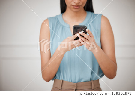 Phone, hands and business woman typing, reading or check web schedule, company agenda or social media communication. Cellphone, mobile app and professional person review customer experience feedback 139301975