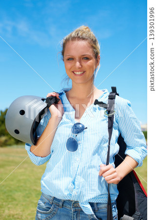 Woman, parachute and field happy for adventure summer, fearless or outdoor blue skydiving. Female person, smile and portrait or helmet protection for extreme sports or danger, action or jump gear Woman, parachute and field happy for adventure summer, fearless or outdoor blue skydiving. Female person, smile and portrait or helmet protection for extreme sports or danger, action or jump gear 139301996