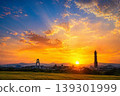 夕陽的光芒灑滿天空，勾勒出城市的輪廓。 139301999