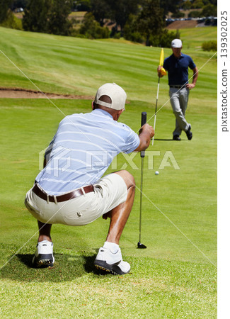 Sports, golf and people on course for game, practice and training for playing competition. Professional golfers, friends and hobby by tee hole, ball and golfing club for winning stroke or score Sports, golf and people on course for game, practice and training for playing competition. Professional golfers, friends and hobby by tee hole, ball and golfing club for winning stroke or score 139302025