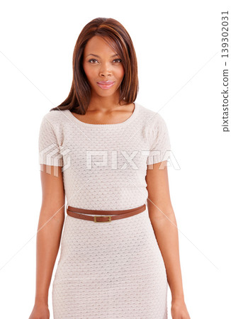Portrait, black woman and business with employee, fashion and agent isolated on studio white background. Face, African person and model with stylish clothes, formal and consultant with mockup space 139302031