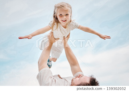 Child, playing and portrait with father as a plane outdoor in summer, blue sky and happiness together. Bonding, dad and kid flying with support and freedom on vacation, holiday or weekend with smile Child, playing and portrait with father as a plane outdoor in summer, blue sky and happiness together. Bonding, dad and kid flying with support and freedom on vacation, holiday or weekend with smile 139302032