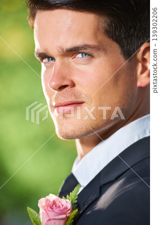 Handsome, wedding and portrait of young groom in suit with flower for a classy, elegant and luxury event. Serious, attractive and face of man from Canada at marriage ceremony or party for commitment. Handsome, wedding and portrait of young groom in suit with flower for a classy, elegant and luxury event. Serious, attractive and face of man from Canada at marriage ceremony or party for commitment. 139302206