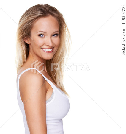Beauty, makeup and smile with portrait of woman in studio for cosmetics, dermatology and spa treatment. Self care, health and glow with face of model on white background for cosmetology and facial Beauty, makeup and smile with portrait of woman in studio for cosmetics, dermatology and spa treatment. Self care, health and glow with face of model on white background for cosmetology and facial 139302223