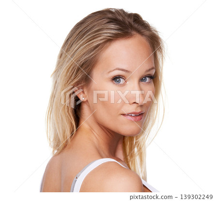 Beauty, face and portrait of woman in studio for cosmetics, dermatology and spa treatment. Self care, health and glow with makeup on female model on white background for cosmetology and facial Beauty, face and portrait of woman in studio for cosmetics, dermatology and spa treatment. Self care, health and glow with makeup on female model on white background for cosmetology and facial 139302249