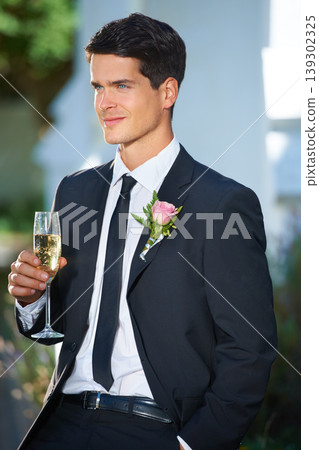 Smile, wedding and young groom with champagne in suit with a flower for a classy, elegant and luxury event. Happy, handsome and man from Canada with wine at marriage ceremony or party for commitment. Smile, wedding and young groom with champagne in suit with a flower for a classy, elegant and luxury event. Happy, handsome and man from Canada with wine at marriage ceremony or party for commitment. 139302325