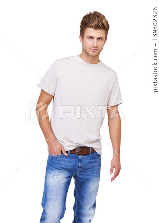 Fashion, portrait and young man in a studio with casual, stylish and trendy outfit for confidence. Handsome, cool and full body of male model with tshirt and jeans style isolated by white background. Fashion, portrait and young man in a studio with casual, stylish and trendy outfit for confidence. Handsome, cool and full body of male model with tshirt and jeans style isolated by white background. 139302326