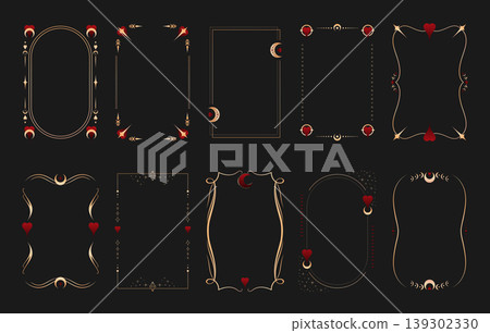 Golden Tarot frames decorated with red hearts. Decorative templates for tarot cards. Vector illustration Golden Tarot frames decorated with red hearts. Decorative templates for tarot cards. Vector illustration 139302330