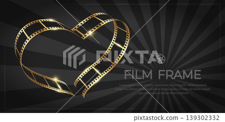 Film frame banner with golden filmstrip folded into a shape of heart. Vector illustration 139302332