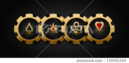 Golden premium casino chips stack. Poker chips with elegant playing card suits symbols on black background. Vector illustration Golden premium casino chips stack. Poker chips with elegant playing card suits symbols on black background. Vector illustration 139302334