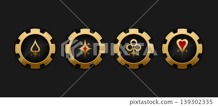 Golden poker chips set. Premium casino chips with elegant playing card suits symbols on black background. Vector illustration Golden poker chips set. Premium casino chips with elegant playing card suits symbols on black background. Vector illustration 139302335