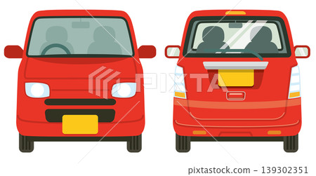 Illustrations of the front and rear of a red minicar (front, back, set) 139302351