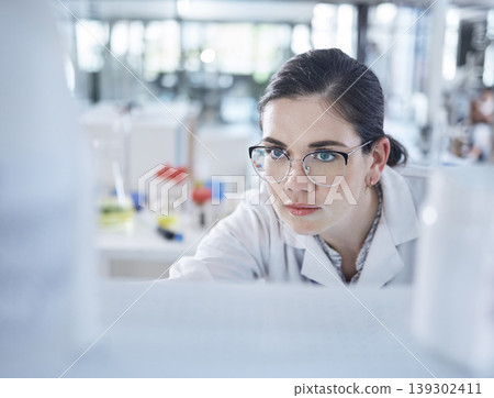 Woman, medical research and lab thinking for vial discovery or future vaccine, review or health technology. Female person, glasses in study breakthrough or antibiotic, help results or innovation idea Woman, medical research and lab thinking for vial discovery or future vaccine, review or health technology. Female person, glasses in study breakthrough or antibiotic, help results or innovation idea 139302411