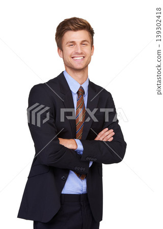 Studio portrait, arms crossed and happy man, business lawyer and smile for legal justice service, advisor or job experience. Attorney, confident agent and government consultant on white background Studio portrait, arms crossed and happy man, business lawyer and smile for legal justice service, advisor or job experience. Attorney, confident agent and government consultant on white background 139302418