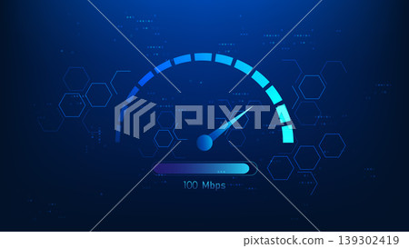 Technology background digital display with an internet speed meter, representing network speed testing, bandwidth measurement, internet performance, connection quality, and real-time data monitoring. 139302419