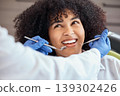 Woman, dentist or cleaning tools of teeth, consultation or examination in chair at surgery. Female, patient and smile in checkup for oral hygiene, mouth and gum healthcare with orthodontist in office 139302426