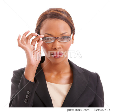 Glasses, thinking and portrait of business black woman in studio for professional work, career and job. Corporate, focus and isolated person with confidence, pride and vision on white background 139302503