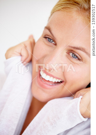 Face, happy woman and smile for closeup in home for peaceful, rest and relaxation for surprise. Female person, joyful and excited expression for choice, decision and confidence with hands for pose Face, happy woman and smile for closeup in home for peaceful, rest and relaxation for surprise. Female person, joyful and excited expression for choice, decision and confidence with hands for pose 139302517