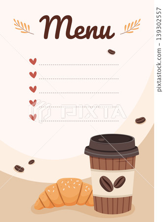 Cafe menu template with coffee cup and croissant illustration. Cafe menu template with coffee cup and croissant illustration. 139302557