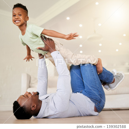Dad, child and airplane play on floor, fun and bonding in childhood, love and smile for freedom. Happy, father and son at home, flying and portrait or support, joy and excited for fantasy game Dad, child and airplane play on floor, fun and bonding in childhood, love and smile for freedom. Happy, father and son at home, flying and portrait or support, joy and excited for fantasy game 139302588