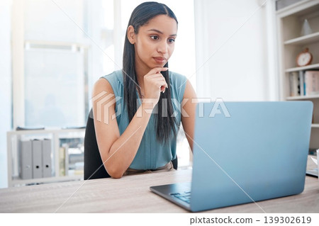 Business, thinking and woman with a laptop, problem solving and connection with internet, website info and planning. Office, person and employee with pc, worker and professional with tech and choice Business, thinking and woman with a laptop, problem solving and connection with internet, website info and planning. Office, person and employee with pc, worker and professional with tech and choice 139302619