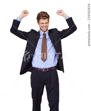Business man, winner and fist in studio success, job achievement or winning of bonus, sales or profit. Excited corporate worker with cheers, yes and celebration or opportunity on a white background Business man, winner and fist in studio success, job achievement or winning of bonus, sales or profit. Excited corporate worker with cheers, yes and celebration or opportunity on a white background 139302634