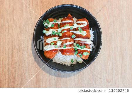 fried pork and rice, pork ball or fried sausage and rice or Breaded Pork Cutlet Bowl or Butadon or Deep fried Pork Cutlet on Rice or Japanese pork cutlet rice bowlJapanese pork rice bowl fried pork and rice, pork ball or fried sausage and rice or Breaded Pork Cutlet Bowl or Butadon or Deep fried Pork Cutlet on Rice or Japanese pork cutlet rice bowlJapanese pork rice bowl 139302746
