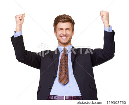Success, portrait and business man with winning fist in studio for startup, loan or approval on white background. Happy, face and excited entrepreneur with bonus, promotion or feedback celebration Success, portrait and business man with winning fist in studio for startup, loan or approval on white background. Happy, face and excited entrepreneur with bonus, promotion or feedback celebration 139302760