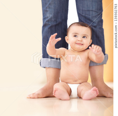 Baby, mother and feet with sitting on floor for playing, child development and parenting with happiness. Kid, infant and diaper on ground with legs, smile and playful for growth, nurture and care Baby, mother and feet with sitting on floor for playing, child development and parenting with happiness. Kid, infant and diaper on ground with legs, smile and playful for growth, nurture and care 139302763