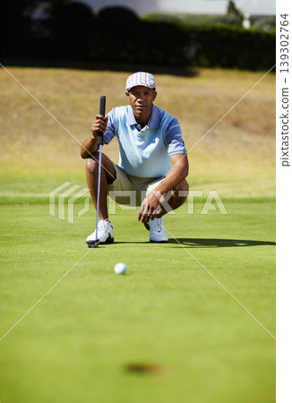 Sports, golf hole and black man on course for playing game, practice and training for competition. Recreation, golfer and person on grass for tee, ball and golfing club for winning stroke or score Sports, golf hole and black man on course for playing game, practice and training for competition. Recreation, golfer and person on grass for tee, ball and golfing club for winning stroke or score 139302764