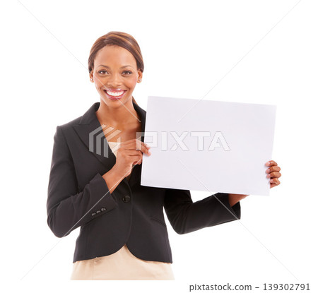 Business woman, poster mockup and advertising space for presentation of job opportunity, news or information in studio. Portrait of african employee with human resources board on a white background Business woman, poster mockup and advertising space for presentation of job opportunity, news or information in studio. Portrait of african employee with human resources board on a white background 139302791
