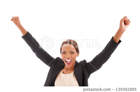 Business woman, winner and portrait for celebration, success or freedom with bonus, financial news or winning in studio. Yes of excited african worker with wow and achievement on a white background Business woman, winner and portrait for celebration, success or freedom with bonus, financial news or winning in studio. Yes of excited african worker with wow and achievement on a white background 139302805