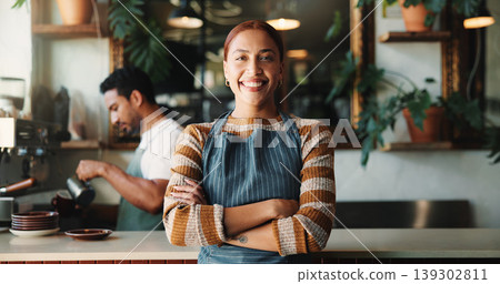 Hospitality, portrait or woman in cafe with arms crossed, pride or owner of bistro business. Happy, career or restaurant manager with about us, experience or confidence in customer service industry. Hospitality, portrait or woman in cafe with arms crossed, pride or owner of bistro business. Happy, career or restaurant manager with about us, experience or confidence in customer service industry. 139302811