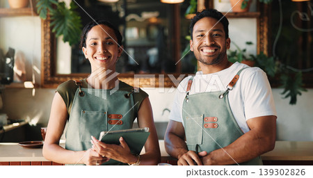 People, florist and tablet with portrait at store for research, online order and inventory management. Smile, team and digital with checklist for stock update, catering pricing and floral delivery 139302826