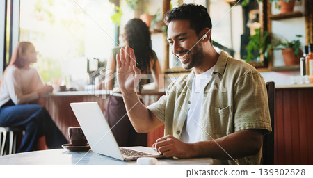 Remote work, man and wave at laptop for video call, virtual lesson and language tutorial in cafe. Linguistics tutor, tech and online meeting in coffee shop for private consultation with earphones 139302828