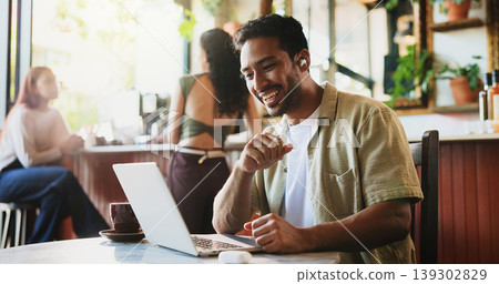 Video call, laptop or man in cafe with earphones, startup pitch or online meeting in remote work. Happy, networking or freelancer with tech, small business feedback or virtual conversation in bistro. 139302829