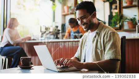 Creative, man and typing with laptop at cafe for remote work, proofreading and editor feedback. Person, freelancer and editing article with tech, copywriting report and confirm source for publication 139302838