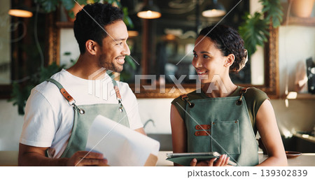 People, florist and tablet with clipboard at store for research, online order and inventory management. Smile, team and digital with checklist for stock update, catering pricing and floral delivery 139302839