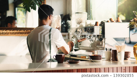 Man, barista and coffee with machine in cafe for caffeine brewery, order or customer service. Male person, espresso chef or latte artist crafting with coffeemaker in shop or store for hospitality Man, barista and coffee with machine in cafe for caffeine brewery, order or customer service. Male person, espresso chef or latte artist crafting with coffeemaker in shop or store for hospitality 139302855