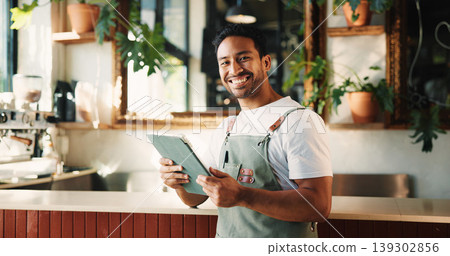 Portrait, tablet and man in cafe, smile and service for online order, internet and startup website. Barista, entrepreneur or person in restaurant, tech for inventory or planning menu with hospitality Portrait, tablet and man in cafe, smile and service for online order, internet and startup website. Barista, entrepreneur or person in restaurant, tech for inventory or planning menu with hospitality 139302856