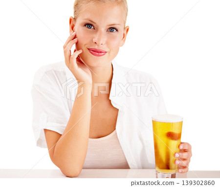 Woman, portrait and happy with beer drink in studio for weekend relax, summer beverage on white background. Female person, face and model or alcohol glass as pint enjoyment, lager or mockup space Woman, portrait and happy with beer drink in studio for weekend relax, summer beverage on white background. Female person, face and model or alcohol glass as pint enjoyment, lager or mockup space 139302860