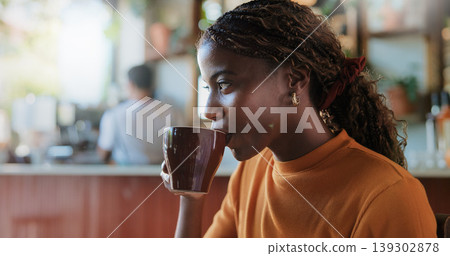 Break, drink and thinking with woman in coffee shop for morning or weekend hospitality. Cup, inspiration and vision with thoughtful customer person in restaurant cafe for future, ideas or planning Break, drink and thinking with woman in coffee shop for morning or weekend hospitality. Cup, inspiration and vision with thoughtful customer person in restaurant cafe for future, ideas or planning 139302878