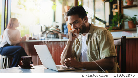 Remote work, thinking and man in cafe with laptop for social media, campaign and project idea. Freelancer, planning and person in coffee shop with computer for post, marketing and reading review 139302879