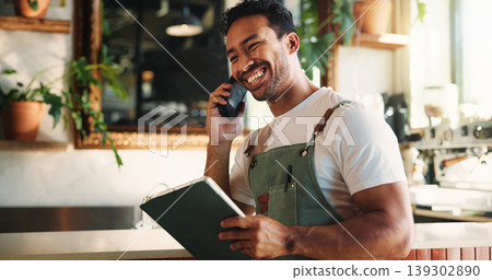 Waiter, phone call or happy man with tablet in cafe for stock order, contact supplier or negotiation. Tech, coffee shop or talking with person in small business, inventory update and customer service Waiter, phone call or happy man with tablet in cafe for stock order, contact supplier or negotiation. Tech, coffee shop or talking with person in small business, inventory update and customer service 139302890