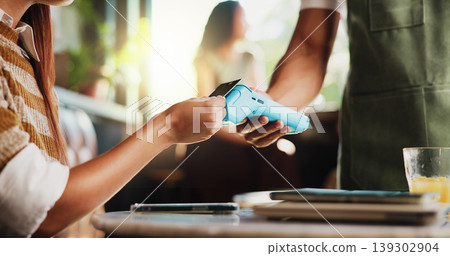 Hands, credit card and waiter with machine at cafe, order or sale with customer experience at diner. People, server and tap with easy payment in coffee shop, fintech and pos with bills at restaurant Hands, credit card and waiter with machine at cafe, order or sale with customer experience at diner. People, server and tap with easy payment in coffee shop, fintech and pos with bills at restaurant 139302904